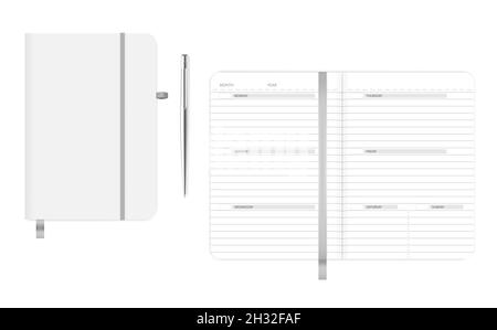 Aprire e chiudere il notebook con una penna a sfera in metallo. Pianificatore di diario di affari. Modello vettoriale Illustrazione Vettoriale