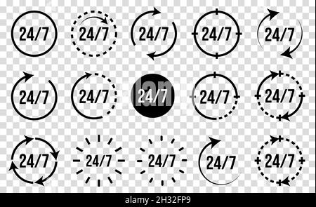 icone del set di assistenza 24 ore su 24 isolate su sfondo trasparente Illustrazione Vettoriale