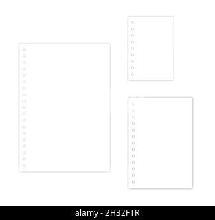 Fogli di carta bianca per rilegatori ad anelli perforati. Set di formati A4, A5, A6. Modello vettoriale per la progettazione Illustrazione Vettoriale