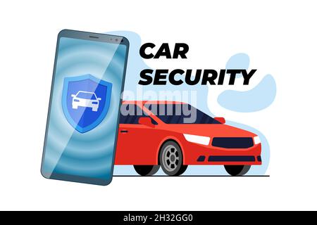 App mobile per il sistema di sicurezza per auto. Informazioni sul banner dell'applicazione allarme automatico. Guardia automobilistica contro i furti. Servizio online Vehicle Protect. Schermo dell'icona sullo schermo dello smartphone. Cartello vettore di sicurezza per il trasporto Illustrazione Vettoriale