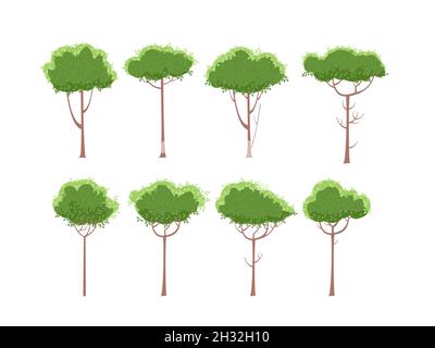 Imposta. Rustica estate belle piante. Stile cartoon. Alberi. Isolato su sfondo bianco. Bellezza romantica. Illustrazione del design piatto. Arte vettoriale Illustrazione Vettoriale