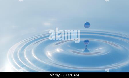 Concetto o concettuale blu goccia di liquido che cade in acqua su sfondo con increspature e onde. metafora dell'illustrazione 3d per natura, naturale, estate Foto Stock