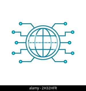 Icona della linea di rete globale. Globo blu con componenti della scheda a circuito stampato. Concetto di comunicazione e connessioni. Simbolo della tecnologia Web. Pianeta digitale Terra Illustrazione Vettoriale