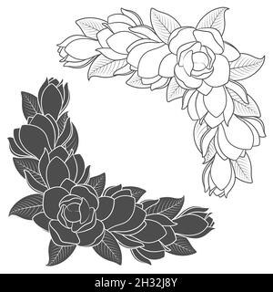 Set di illustrazioni in bianco e nero di rami fioriti magnolia. Oggetti vettoriali isolati su sfondo bianco. Illustrazione Vettoriale