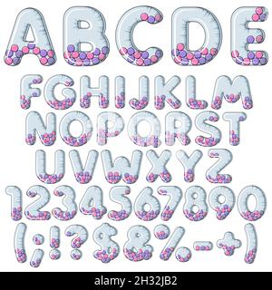 Alfabeto gonfiabile, lettere, numeri e segni con palline. Set di oggetti isolati vettoriali colorati su sfondo bianco. Illustrazione Vettoriale
