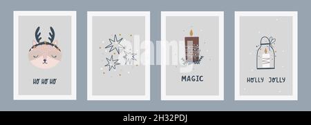 Set di illustrazioni di Natale e Felice anno nuovo. Illustrazione vettoriale disegnata a mano alla moda per poster e biglietti d'auguri. Modelli di disegno vettoriale. Illustrazione Vettoriale