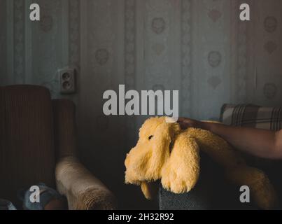 Una sedia e una mano di donna su un cane giocattolo ripieno giallo in una vecchia stanza con carta da parati Foto Stock