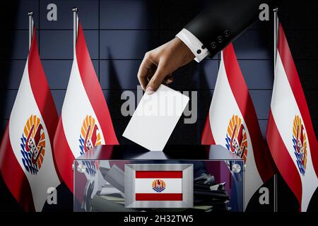 Bandiere della Polinesia francese, mano che cade la scheda di voto in una scatola - voto, concetto di elezione - illustrazione 3D Foto Stock