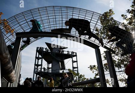 Beelitz, Germania. 25 ottobre 2021. I bambini si arrampicano sul 'shy Boa' sul sentiero in cima all'albero 'Tree and Time' in condizioni di sole. Il sentiero lungo 320 metri si trova sui terreni degli ex sanatori polmonari di Beelitz-Heilstätten. Dalla costruzione in acciaio e legno sopra le cime degli alberi, i visitatori possono vedere gli edifici elencati e il parco. (Vista aerea con un drone) Credit: Monika Skolimowska/dpa-Zentralbild/dpa/Alamy Live News Foto Stock