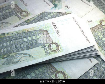 Denaro della Croazia. Kuna croato fatture. Banconote HRK. 10 euro. Affari, finanza, notizie di background. illustrazione 3d. Foto Stock