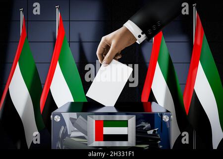 Bandiere degli Emirati Arabi Uniti, mano che cade la scheda di voto in una scatola - voto, concetto di elezione - illustrazione 3D Foto Stock