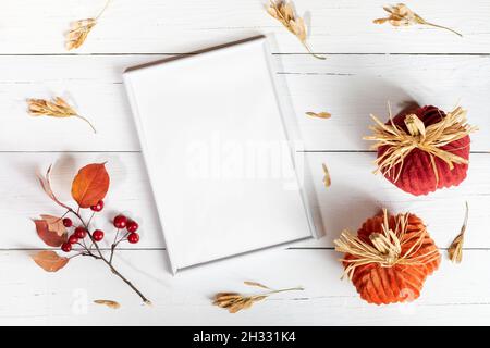 Halloween, thanksgiving mock in su. Cornice, zucche tessili, albero di mele twig su sfondo bianco di legno. Foto Stock