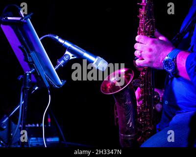 primo piano mani di artista musicista suona il sassofono in un concerto di fronte al microfono illuminato da luce blu Foto Stock