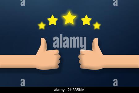 Soddisfatto cliente e venditore con thumbs in su concetto. Valutazione a cinque stelle. Marketing e soddisfazione del cliente. Servizio eccellente, Shiny Star Foto Stock