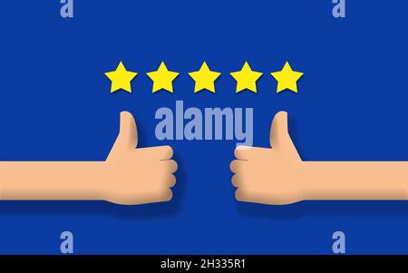 Concetto di soddisfazione dei venditori e degli acquirenti. Entrambi danno Un feedback positivo con cinque Golden Star rating e Thumps up mani. Scambio ed eccellenza Foto Stock