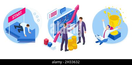 Collaborazione aziendale isometrica di successo. B2B. Dati e indicatori chiave delle prestazioni per l'analisi della business intelligence. Uomini d'affari che scuotono le mani Illustrazione Vettoriale