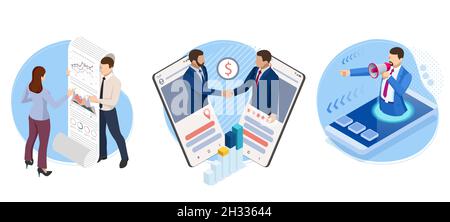 Collaborazione aziendale isometrica di successo. B2B. Dati e indicatori chiave delle prestazioni per l'analisi della business intelligence. Uomini d'affari che scuotono le mani Illustrazione Vettoriale