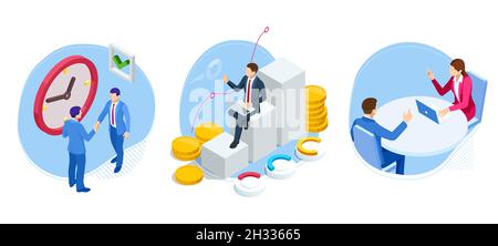 Collaborazione aziendale isometrica di successo. B2B. Dati e indicatori chiave delle prestazioni per l'analisi della business intelligence. Uomini d'affari che scuotono le mani Illustrazione Vettoriale