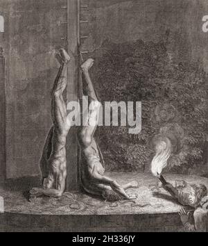 I corpi di Johan e Cornelis de Witt dopo il loro omicidio. Johan de Witt aka Jan de Witt, 1625 – 1672 e suo fratello Cornelis de Witt, 1623 – 1672. Entrambi erano politici olandesi, Johan era il Gran Pensionario d'Olanda. I fratelli furono linciati dai sostenitori di Guglielmo d'Orange il 20 agosto 1672. Dopo un lavoro di Cornelis Huyberts. Foto Stock