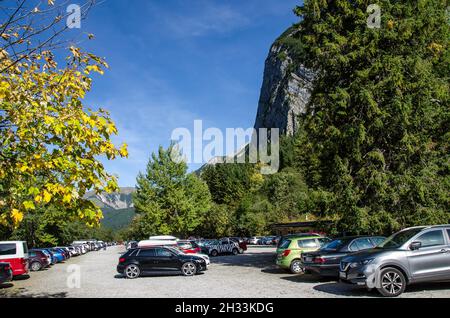 L'altopiano degli Hinterriss e dell'Eng è una caratteristica panoramica speciale con l'Ahornboden, la più grande area di alberi di acero in tutte le Alpi Foto Stock