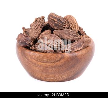 Mucchio di cialde di cardamomo nere in ciotola di legno, isolato su sfondo bianco. Semi di cardamone nero. Tracciato di ritaglio. Foto Stock