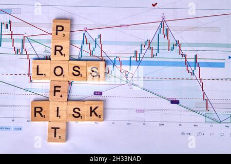 Cubi di legno con il rischio di profitto e le parole di perdita. Foto Stock