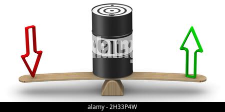 Variazione dei prezzi del petrolio. Un barile bianco e nero con la parola OLIO e frecce sulle scale. Le scale nella posizione di equilibrio. illustrazione 3d Foto Stock