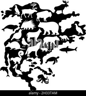 Sagome nere di diversi animali e uccelli sulla mappa del Nord America Illustrazione Vettoriale