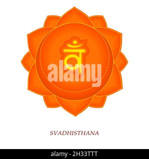 Il secondo chakra di Swadhisthana con il mantra di seme di Sanscrito indù VAM . Arancione è un simbolo piatto per la meditazione, yoga.illustrazione Foto Stock