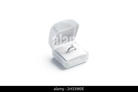 Scatola bianca vuota con supporto ad anello in diamante argento, isolata Foto Stock