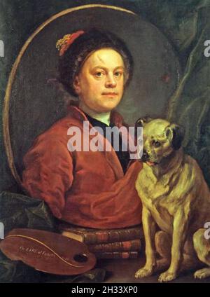 WILLIAM HOGARTH (1697-1764) artista inglese e critico sociale in un autoritratto del 1745 con il suo cane Trump Foto Stock