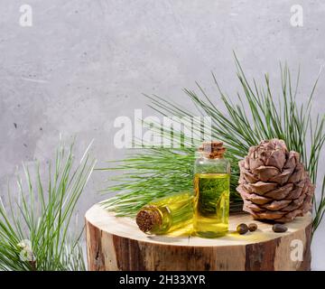 Prodotti per l'aromaterapia e la spa di conifere: Piccole bottiglie di vetro di olio essenziale di cedro su moncone di legno rotondo con rami di cedro, cono, noci su grigio Foto Stock