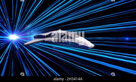 Astronave volante astratta nello spazio cosmico. Animazione. Grafica di gioco che vola stellare in iperspazio quando si salta nello spazio. La navicella spaziale vola a super Foto Stock