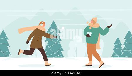 Coppia persone giocare Snowballs gioco di divertimento in inverno neve paesaggio illustrazione vettoriale. Personaggi di amici di Cartoon che giocano all'aperto, godendo gelo freddo nel parco. Concetto di attività sana invernale Illustrazione Vettoriale