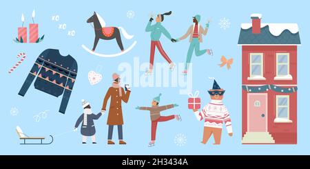 Allegro Natale o Capodanno celebrazione, vacanze invernali set illustrazione vettoriale. I personaggi della coppia Cartoon pattinano e slittano, festeggiano sui pattini, le persone con gli sparklers isolati su sfondo blu Illustrazione Vettoriale