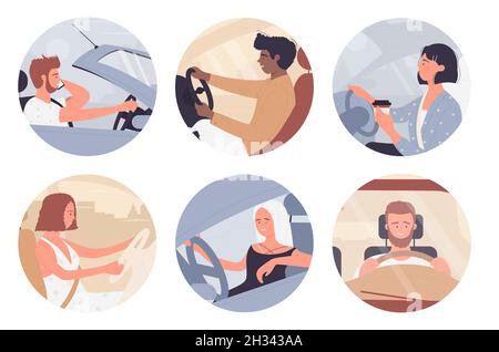 Conducente che tiene il volante dell'auto e guida, illustrazione vettoriale del set avatar rotondo. Fumetto uomo giovane donna personaggi all'interno dell'auto, vista laterale e frontale attraverso parabrezza isolato su bianco Illustrazione Vettoriale