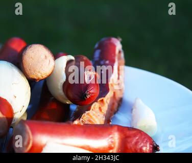 Salsicce per un pic-nic su un piatto bianco all'aperto Foto Stock