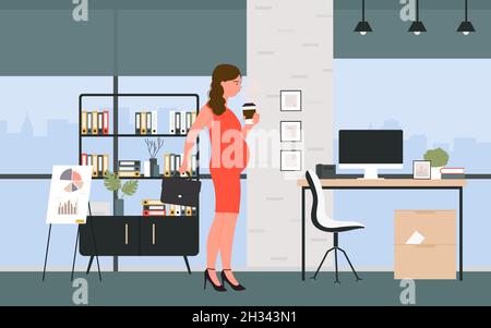 Bella donna incinta sorridente d'affari in ufficio illustrazione vettoriale interno. Personaggio femminile cartoon con abito da pancia, valigetta e caffè, inizio giornata di lavoro sfondo Illustrazione Vettoriale