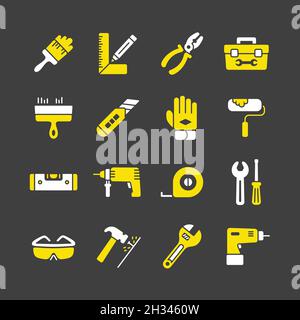 Icone degli strumenti di costruzione, riparazione e riparazione domestica su sfondo scuro. Simbolo grafico per il design del sito Web, il logo, l'app, l'interfaccia utente. Illustrazione vettoriale, EPS1 Illustrazione Vettoriale