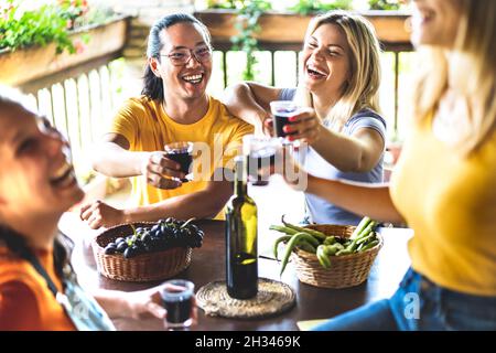 Amici felici che si divertono a bere nel patio vigneto - concetto di amicizia con i giovani che si godono la raccolta insieme in fattoria Foto Stock