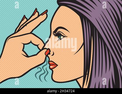 Donna che tiene il naso a causa di un cattivo odore (illustrazione in stile pop art) Illustrazione Vettoriale