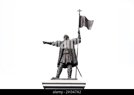 Il monumento di Cristoforo Colombo a Huelva, Andalusia, Spagna. Isolato su sfondo bianco Foto Stock