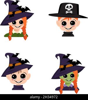 Set di ragazza, ragazzo e bambino con pelle bianca e verde, capelli rossi, occhi grandi e ampio sorriso felice in strega puntata cappello con pipistrelli. Testa di bambino con volto gioioso. Decorazione di festa di Halloween Illustrazione Vettoriale