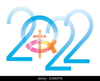 : Gesù pesce simbolo anno nuovo. 2022 anno nuovo con Gesù simbolo del pesce con croce. Isolato su sfondo bianco. Vettore disponibile. Illustrazione Vettoriale