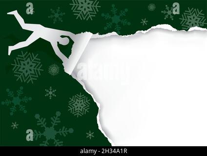 Flying man, carta strappante, divertente carta strappata modello di banner natalizio. Carta silhouette maschio ripping verde carta di natale sfondo. Regalo da disimballaggio. Illustrazione Vettoriale