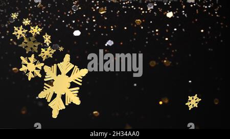 Fiocchi di neve dorati sullo sfondo nero scintillante. Sfondo fiocchi di neve di Natale, bel disegno per biglietto d'auguri, poster, invito. Rendering 3D Foto Stock