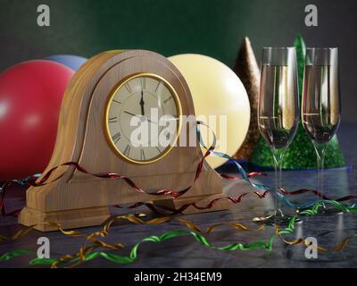 Rendering in 3D dell'orologio da tavolo che mostra mezzanotte, cappelli da festa, streamer, palloncini e due bicchieri di champagne Foto Stock