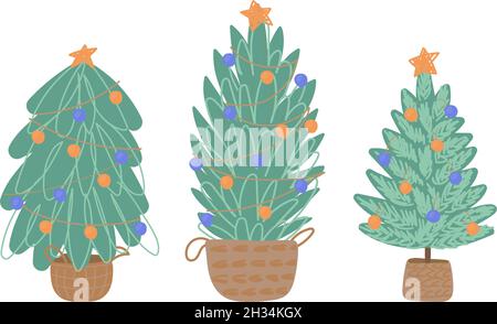 Set di abeti di Natale in cesti di vimini alla moda. Illustrazione vettoriale in stile piatto su sfondo bianco Illustrazione Vettoriale