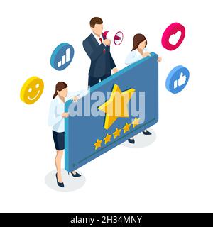 Feedback isometrico Consumer o Customer Review Evaluation Concept. Clienti che scelgono il voto di soddisfazione e lasciano la revisione positiva, il feedback Illustrazione Vettoriale