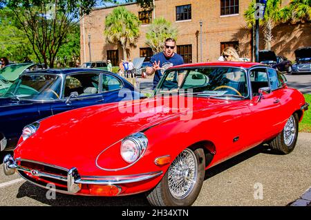 Gli appassionati di auto ispezionano una Jaguar e-Type FHC 1971 al 31 Festival annuale dell'auto britannica, 24 ottobre 2021, a Fairhope, Alabama. Foto Stock
